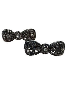 Vintage 2 Barrettes Hair Clips Silver Tone Bows Relief Details Clear Glass Stone